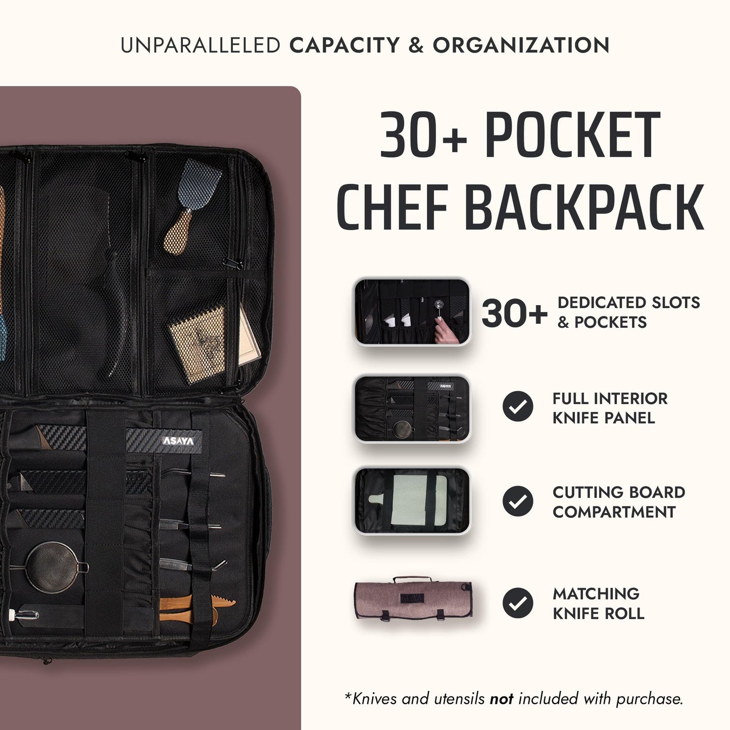 Asaya Chef Knife Backpack with 20-Pocket Knife Roll Bag - Over 30 Storage Pockets Chef Bag, Professional Backpack for Chefs and Culinary Students – Knives Not Included (Brown)