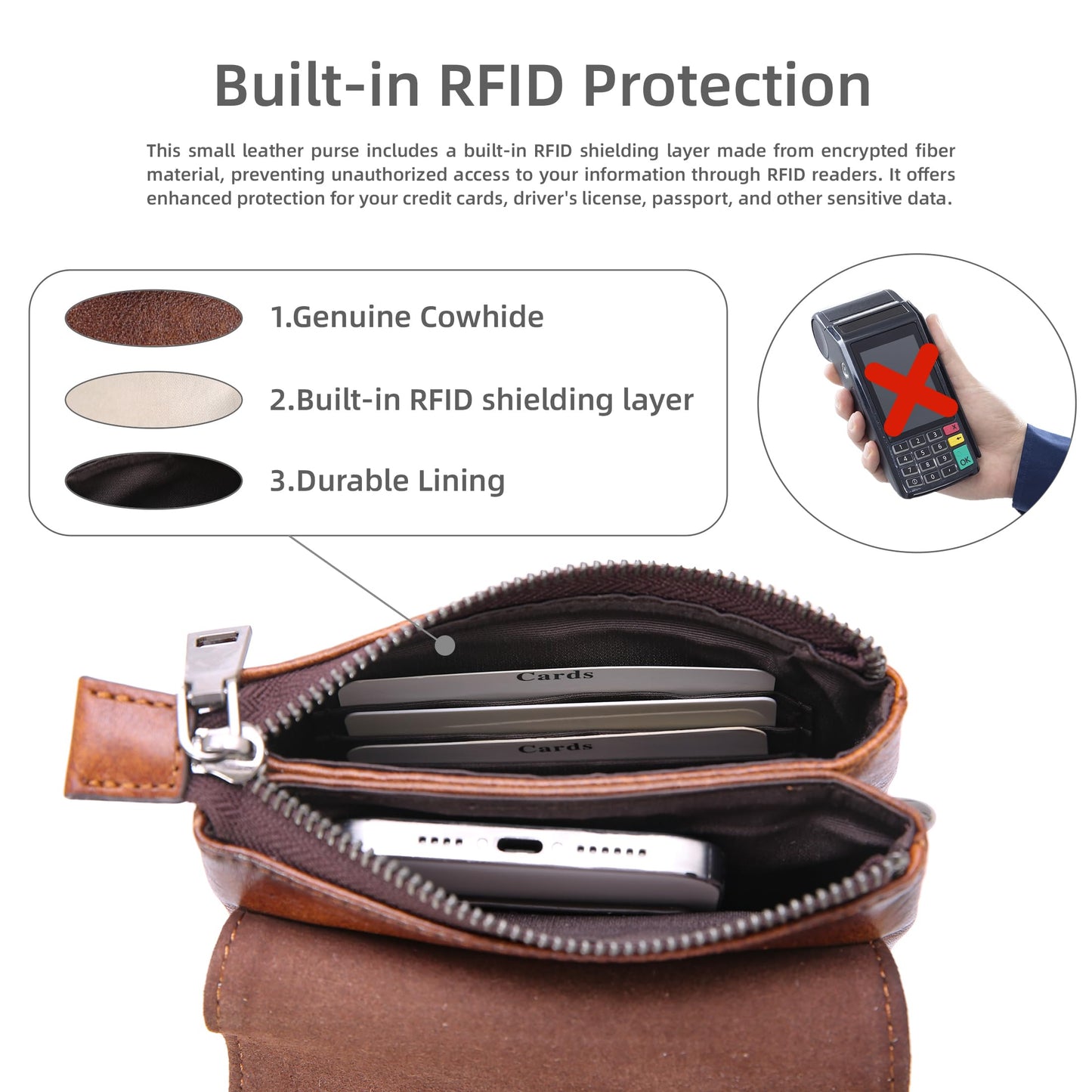 Iswee Genuine Leather Purses Travel Crossbody Bags for Women RFID Anti-Theft Zippered Satchel Bags Cell Phone Bag with Adjustable Strap (Coffee)