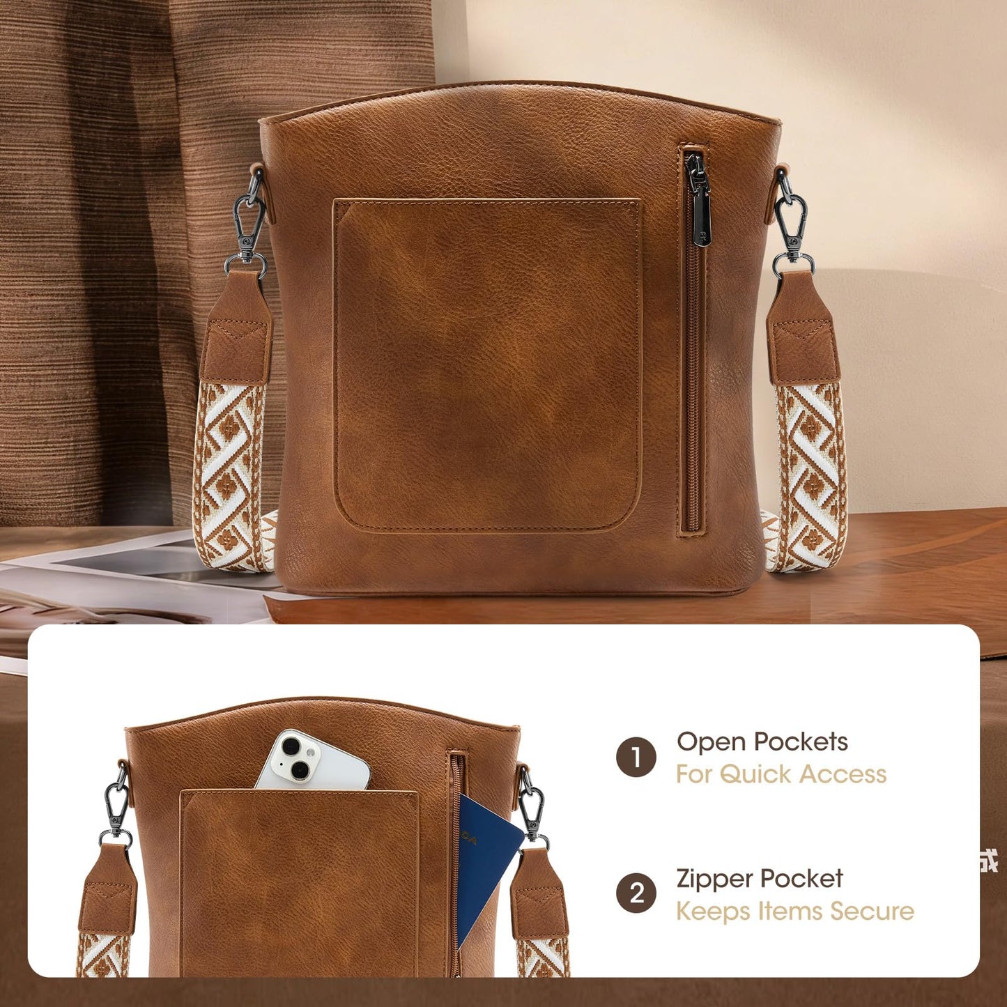 RAINSMORE Women's Medium Leather Crossbody Bag - Lightweight Purse for Weekend Shopping, Everyday Outings, Travel, Designer Trendy Shoulder Handbags with Adjustable Guitar Strap, Multiple Pockets
