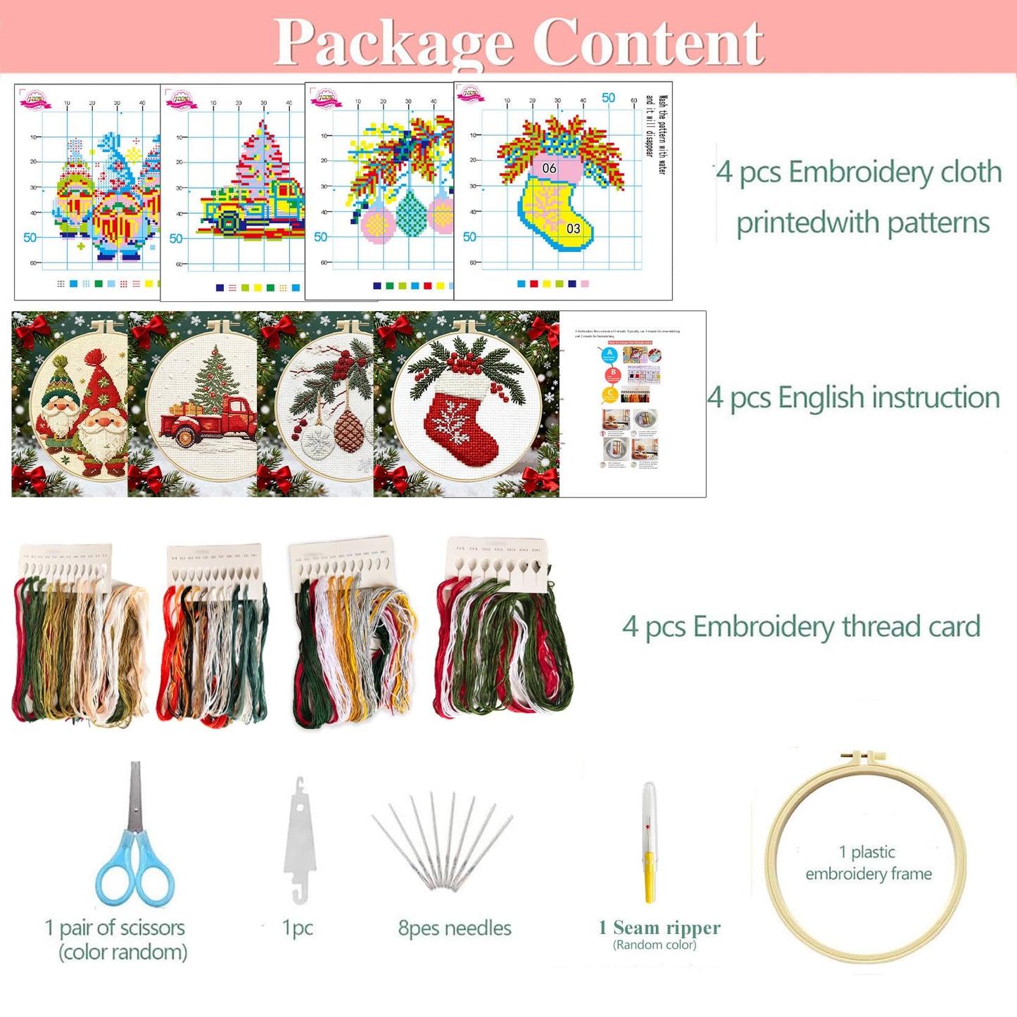 Zhenqing 11CT Stamped Cross Stitch Kit for Adults Beginners, Hand Embroidery Christmas Ornaments with Hoops and Instructions - Four-Piece Stocking Set (68448)