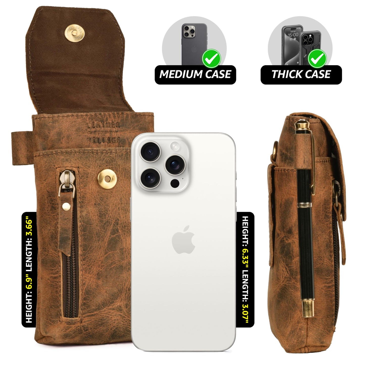 Leather Village Genuine Leather 7”x3.5” Phone Holster Pouch with Belt Clip, Magnetic Closure, ID Card Holder - Brown Universal Case for iPhone, Samsung Galaxy, Google Pixel
