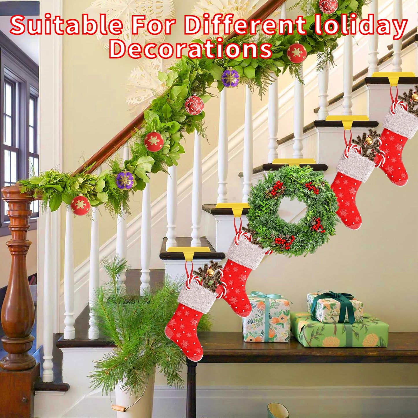 Oleitodh 8 Pack Metal Gold Christmas Stocking Holders for Mantle Heavy Duty Stocking Hangers Stocking Hook Christmas Ornaments for Counter Tables Window Fireplace Mantle Decoration