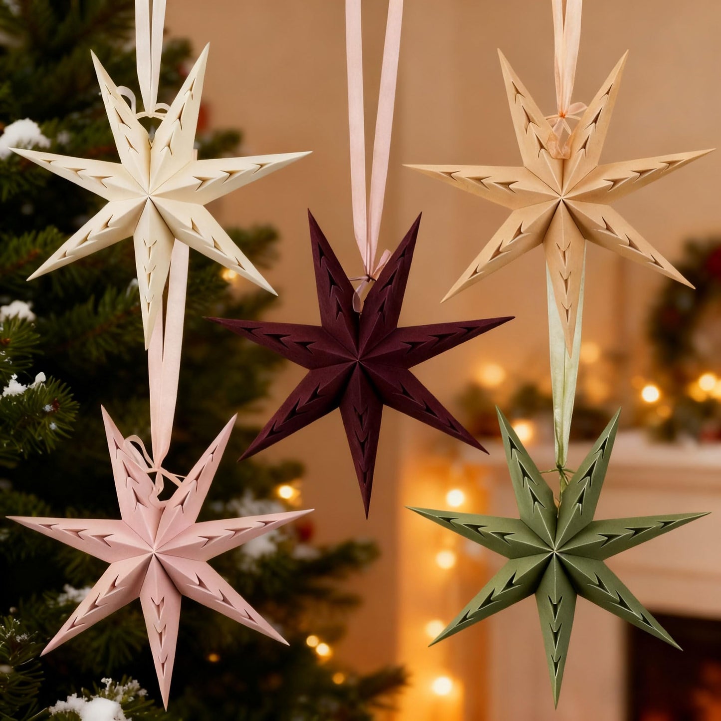Paper Star Lanterns Hanging Boho Christmas Ornaments 5PCS 12 inch for Xmas Wedding Birthday Christmas Home Party Decorations