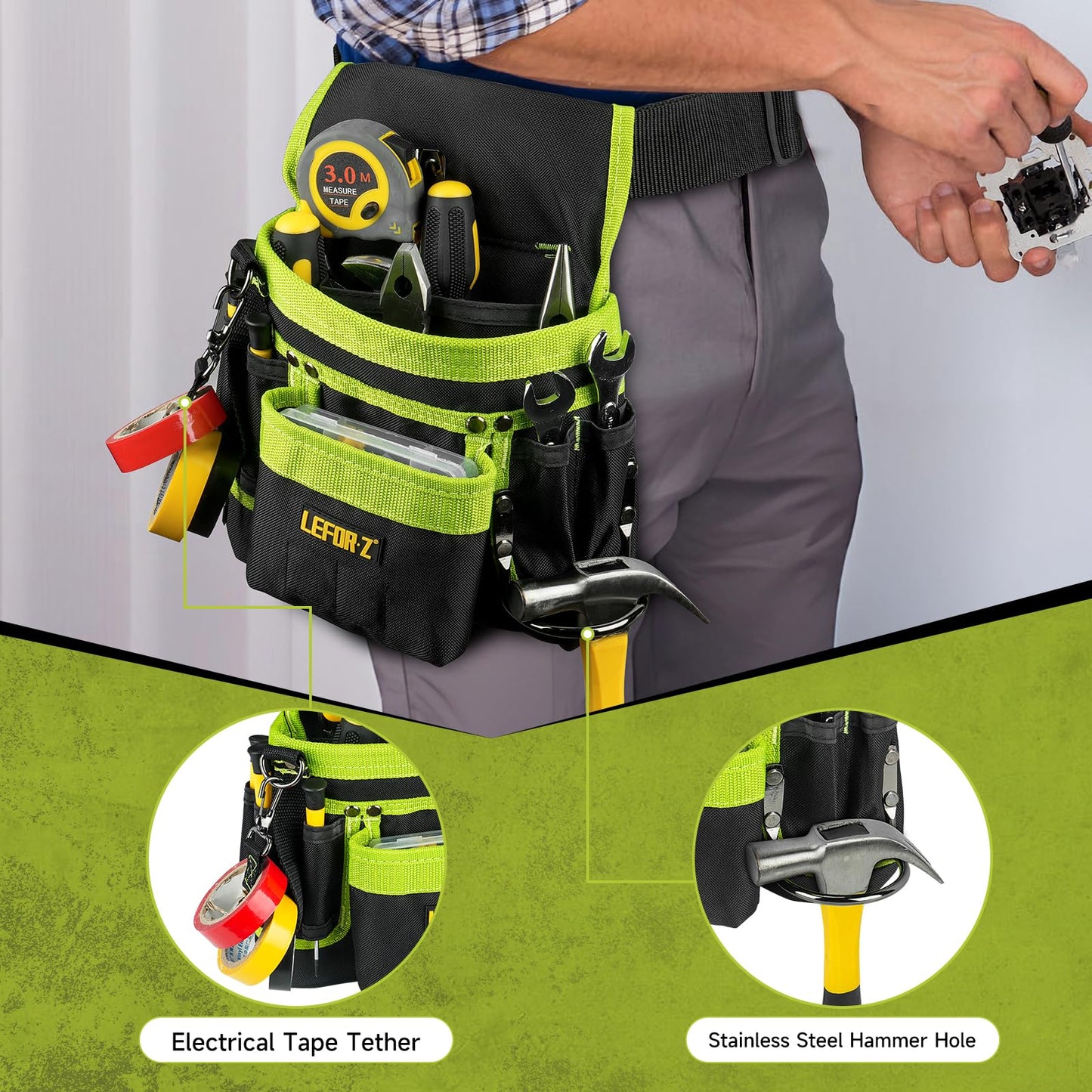 Tool Belt,Magnetic Tool Pouch,14-Pockets Tool Belts for Men,Detachable & Adjustable Tool Pouch belt for Electrician,Carpenter,Construction,Work Apron,Utility Belt,Black-Green