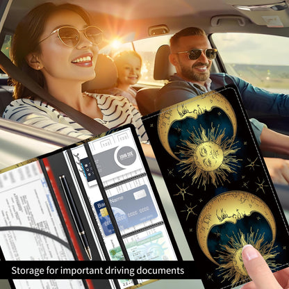 BAUCIWLD Premium Car Registration and Insurance Card Holder, Cute PU Leather Car Document Holder, Vehicle Glove Box Car Organizer with Magnetic Closure for Driver License, Cards Golden Sun and Moon