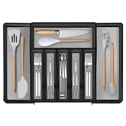 ELTOW Large Expandable Silverware Drawer Organizer, 8 Compartment Non-Slip & Adjustable Silverware Organizer for Drawer, Kitchen Organization for Utensils, Cutlery, Silverware Tray (Black)