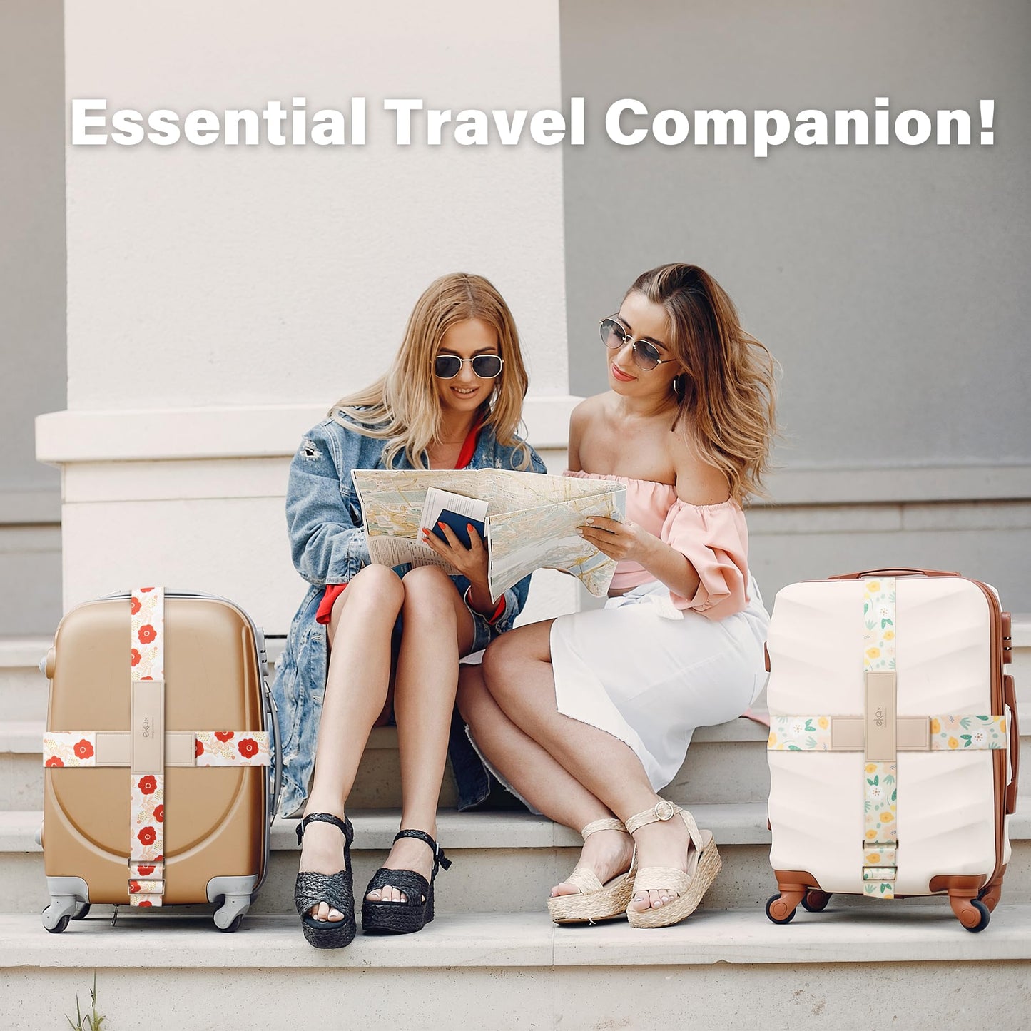 Luggage Straps for Suitcases,Adjustable Luggage Elastic Belt, Travel Essentials for Airport,Station, Vibrant Designs, White Cat