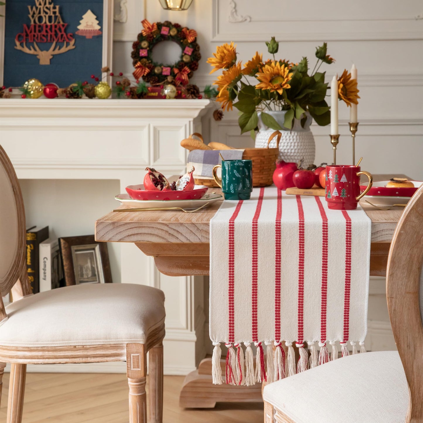 Caflife Christmas Table Runner 72 Inchs Long, Cotton and Linen Woven with Tassels, for Modern Rustic Farmhouse Boho Red Table Runners, Holiday Kitchen Dining Table Home Christmas Decor