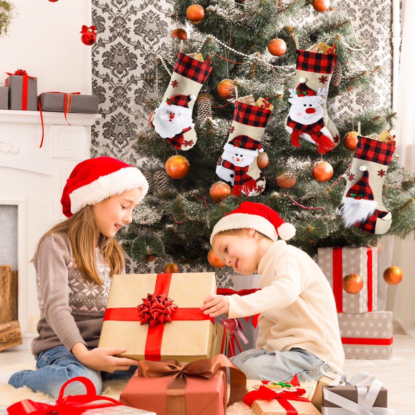 Bemaystar Christmas Stockings - 18.5" Burlap Plaid Christmas Stocking Xmas Hanging Stockings Holiday for Kids Christmas Tree Fireplace Family Party Decor - Snowman