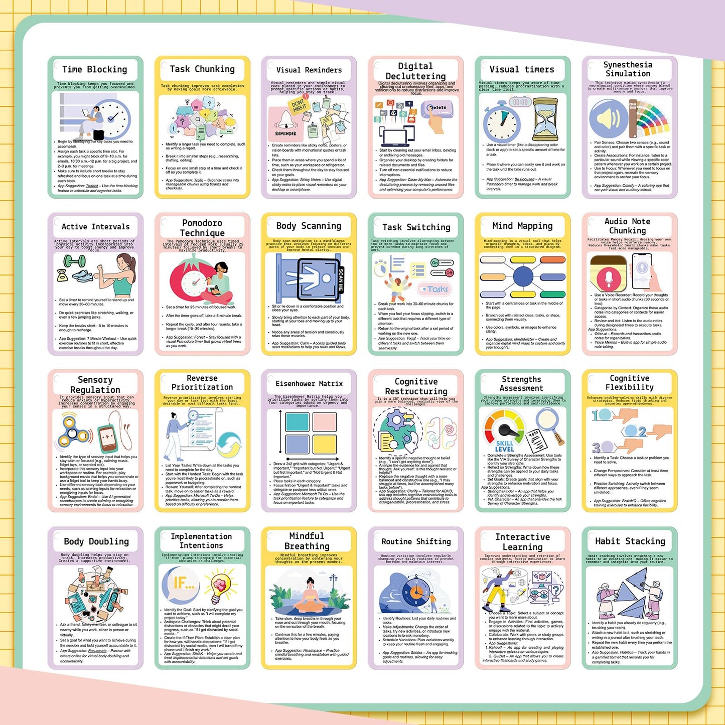 25 Pcs ADHD Coping Skills Cards Emotional Regulation Tool Time Management Therapy Stress Relief Calm Down Corner Supplies Focus Training ADHD Tools for Adults Teens