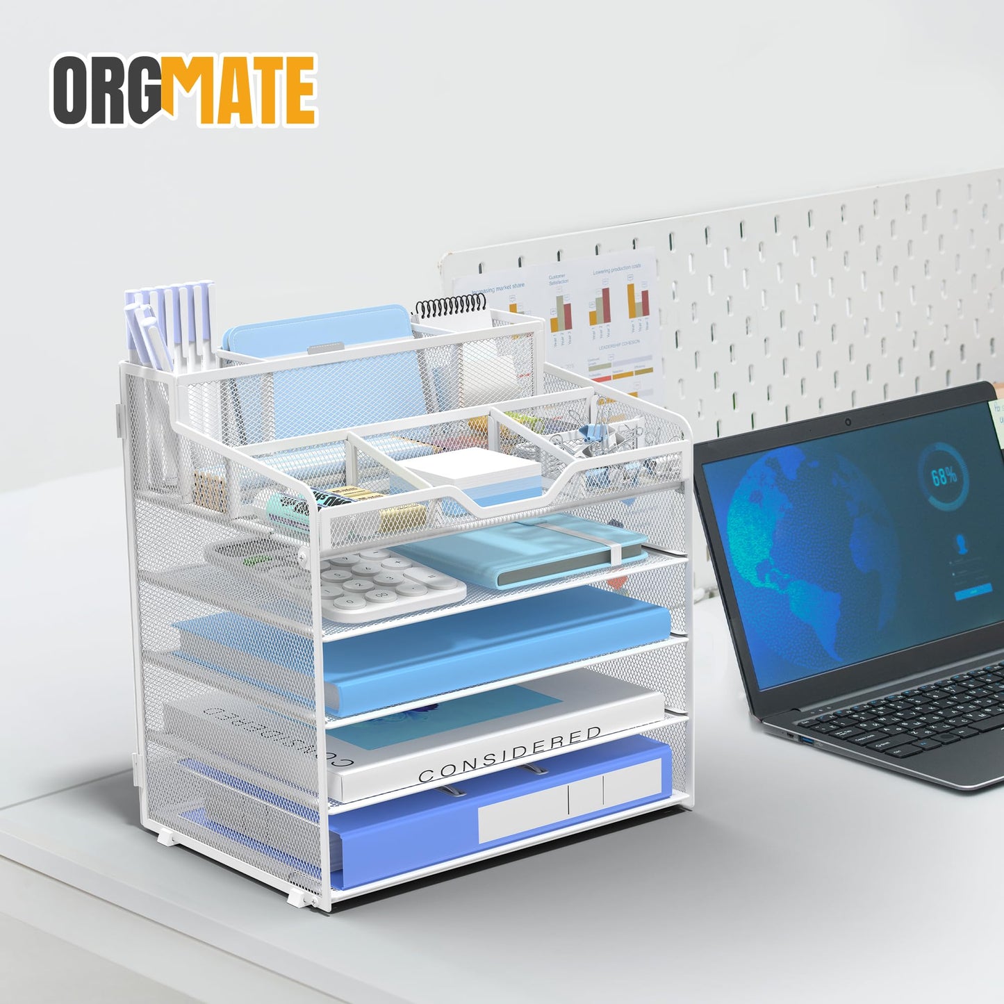 OrgMate 5 Tier Mesh Desk Organizer,Multi Functional Letter Paper Tray with 3 Pen Holders and 5 Adjustable Storage Compartments for Office Supplies Files and Mail Space Saving Desktop Organizer-White
