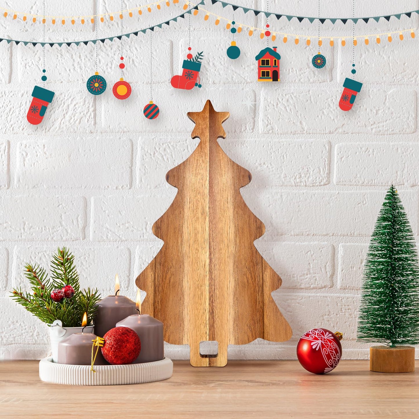 16.5" Wooden Christmas Tree Charcuterie Boards Acacia Wood Cutting Board with Handle Christmas Kitchen Decor Gifts Xmas Serving Cheese Board Festive Decorative Food Tray Holiday Xmas Tree Platters