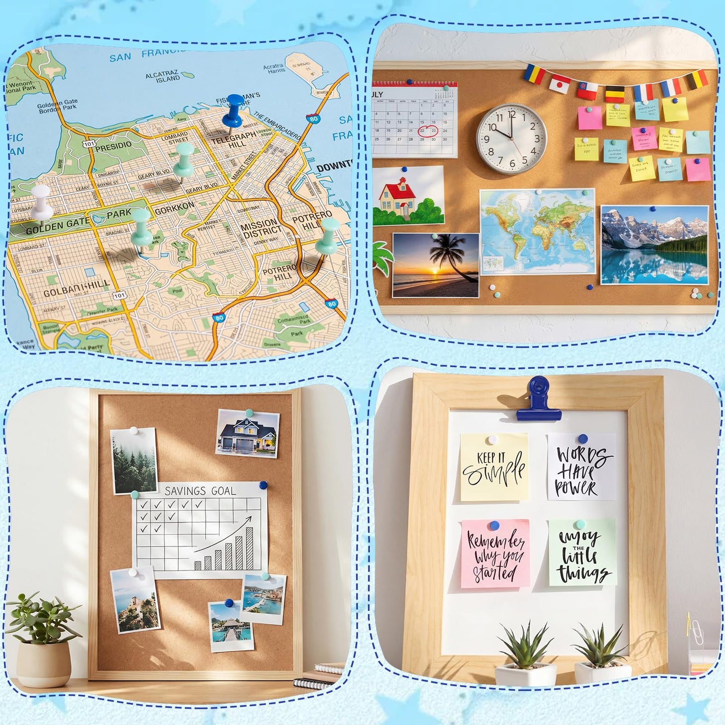 wearage 360 Pcs Push Pins Set with Storage Box, Thumb Tacks Decorative 5 Style Push Pins Kit for Cork Board Bulletin Board Map Notes Home Photos Wall Office Supplies (Blue White)