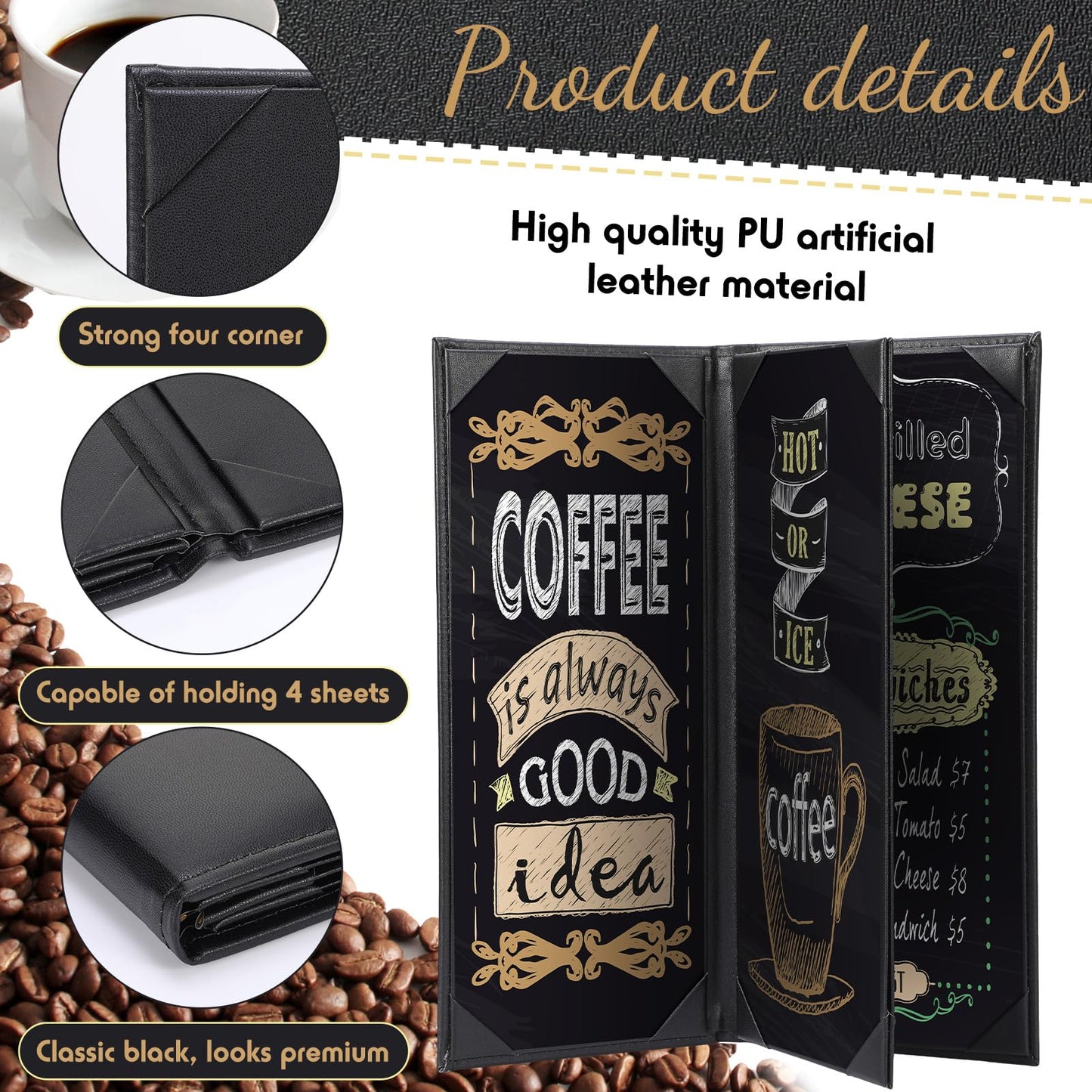 Jexine 30 Pcs Leather Menu Covers Holders - 4.25 x 11 Inches 4 View Fold Black Leather Menu Book with Angled Corners Waterproof for Restaurant Cafe Bar Wine Drinks List Covers Set