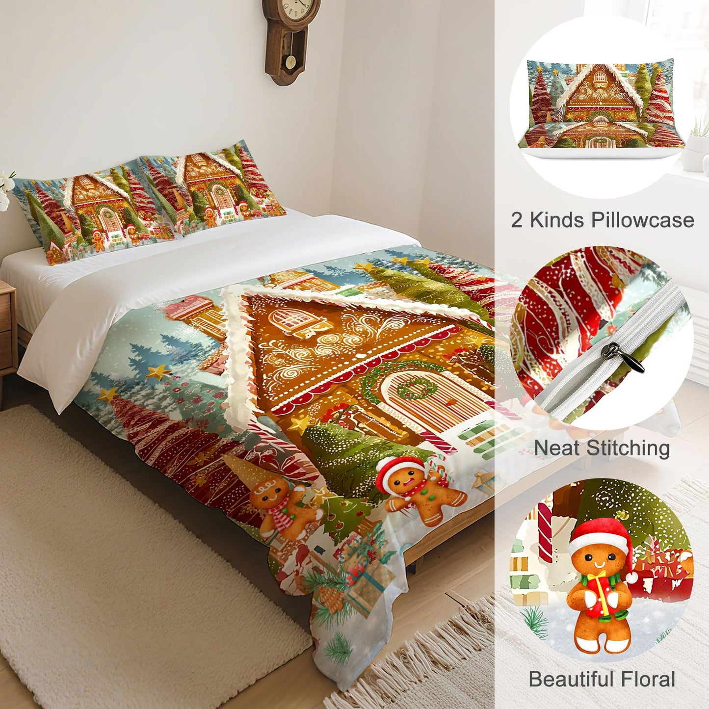Yopiiefa Christmas Gingerbread Man Bedding Set 3 Pieces Soft Comforter Cover Twin Size with 2 Pillowcases 1 Duvet Cover for Men Women Bedroom