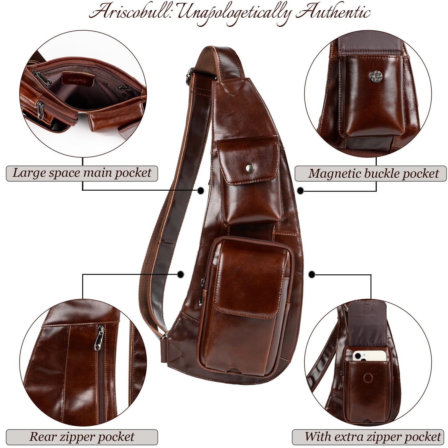 Ariscobull - Genuine Leather Sling Bag for Men - Crossbody Shoulder Chest Pack - Travel Crossbody Bag Man Purse (Brown)
