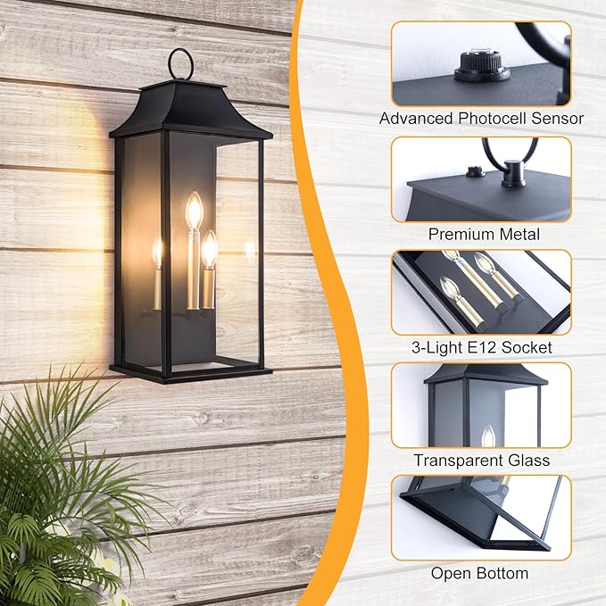 Dusk to Dawn Outdoor Wall Light 3-Light, 25.3" Large Outdoor Light Fixture, Black Exterior Wall Lantern, Waterproof Outside Wall Sconce for House Porch Patio