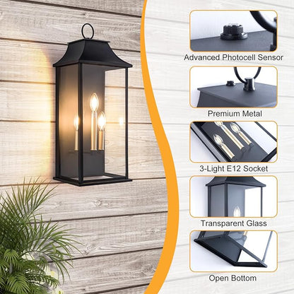Dusk to Dawn Outdoor Wall Light 3-Light, 25.3" Large Outdoor Light Fixture, Black Exterior Wall Lantern, Waterproof Outside Wall Sconce for House Porch Patio