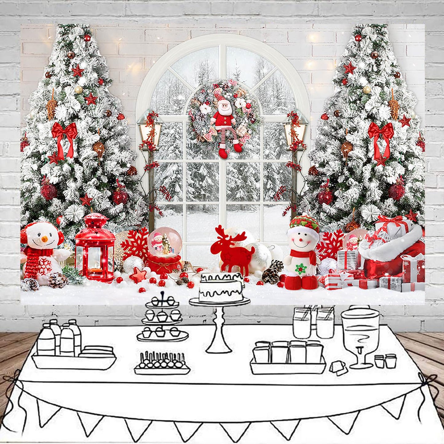 Mocsicka Classic Christmas Interior Room Photography Backdrop Red and White Christmas Tree Window Photo Background Winter Family Kids Holiday Party Banner Decorations Photo Booth Props