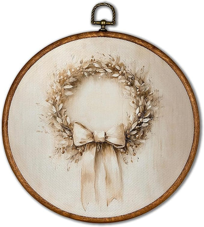 KSDUT Vintage Christmas Wall Decor Art - Retro Christmas Wreath Wall Art Canvas Frame Hanging Prints, Xmas Holiday Round Wall Art Decor for Home Farmhouse Decorations 10"x10"