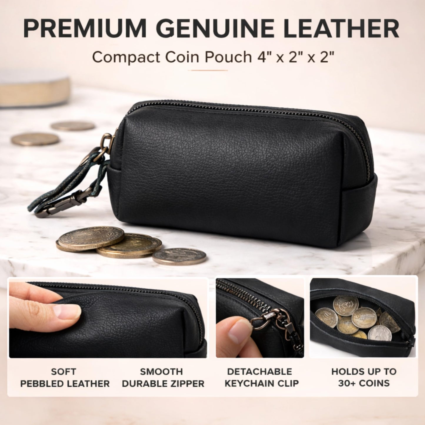 Leather Zipper Coin Pouch with Key Clip, Compact Change Holder Wallet for Men & Women, Small Leather Coin Purse for Cash, Keys, Earbuds, Everyday Carry Accessory (1, Black)