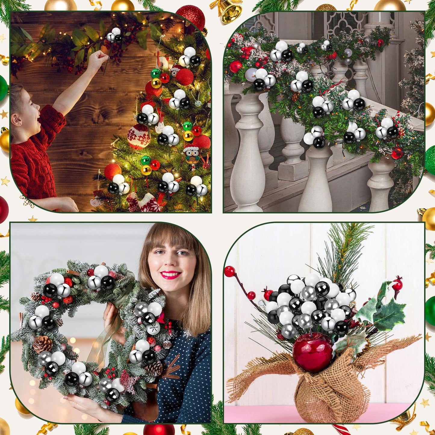 Syhood 12 Set 7.9 Inch Christmas Ball Ornaments on Wired Picks Shatterproof Xmas Ball Picks for Christmas Tree Vase Wreath Stairs Garland Decoration Supplies(Black,Silver,White,Plastic)