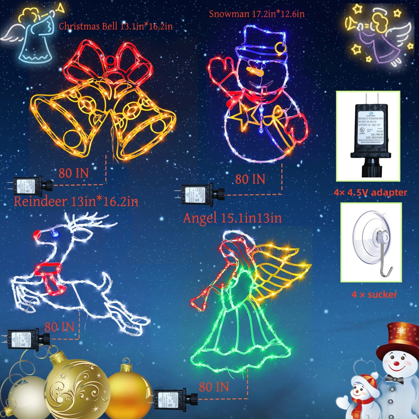 TRWYMZ Christmas Decorations - 16" Christmas Window Silhouette Lights - 4 Pack Colour Lighted Bell & Reindeer & Snowman & Angel for Holiday Indoor and Outdoor Wall Door Window Decorate