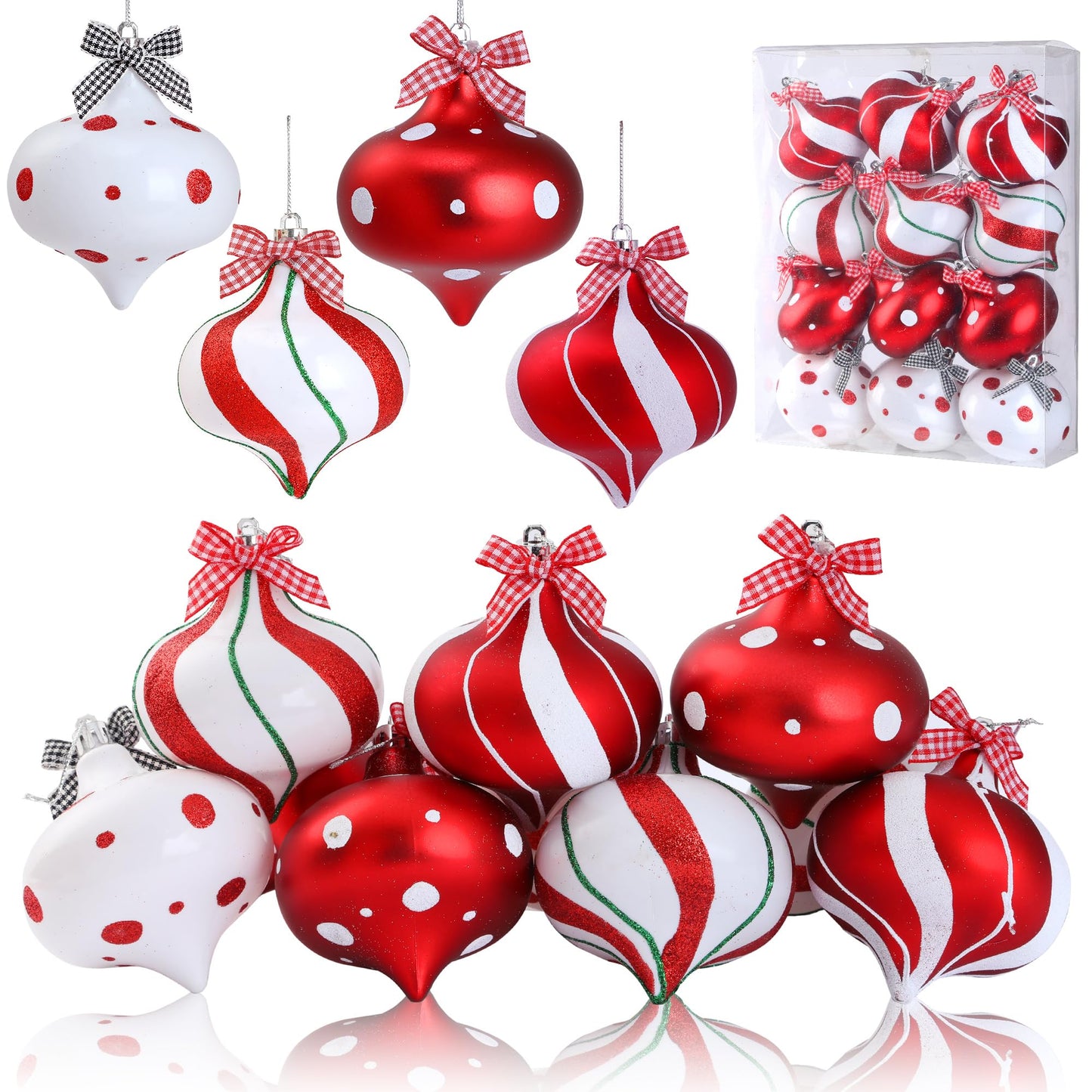 Sggvecsy 12 Pcs Peppermint Candy Ornaments - Candy Cane Balls, Red & White Hanging Stripes - Christmas Tree Ornaments for Xmas Party & Indoor/Outdoor Holiday Home Decorations