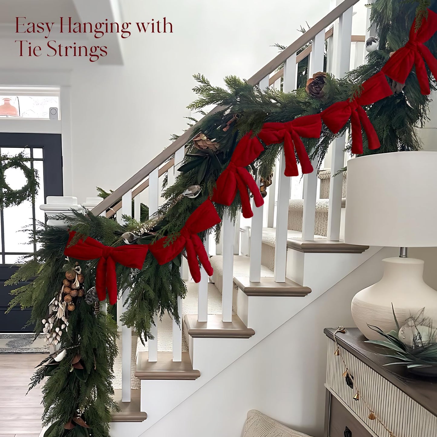 Christmas Decorations - 6 Ft Red Velvet Bow Garland - Xmas Decor for Mantel Fireplace Shelf Cabinet Stand Door Window Frame Bedroom Living Room Home Entryway Indoor Holiday Decoration