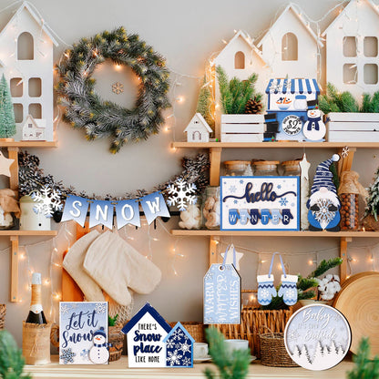 Kajaia 15 Pcs Winter Tiered Tray Decor Christmas Tiered Tray Decorations Set Snowman Snowflake Gingerbread Man Hot Cocoa Wooden Signs Farmhouse Winter Table Decorations(Snowflake)
