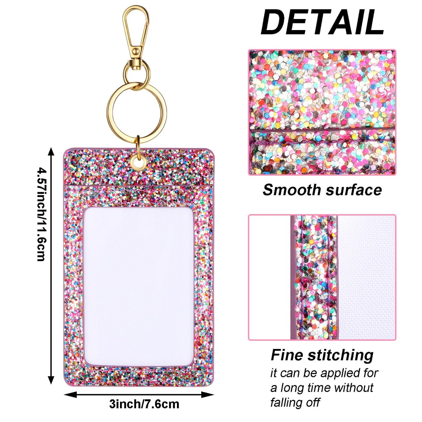 Weewooday 3 Pcs Glitter Pink ID Badge Holder with Clear Window Sparkling Badge Holder Key Chain Work Badges Reel Clip PU Leather Keychain Accessory for Nurse, Teacher, Student, Doctor, Women