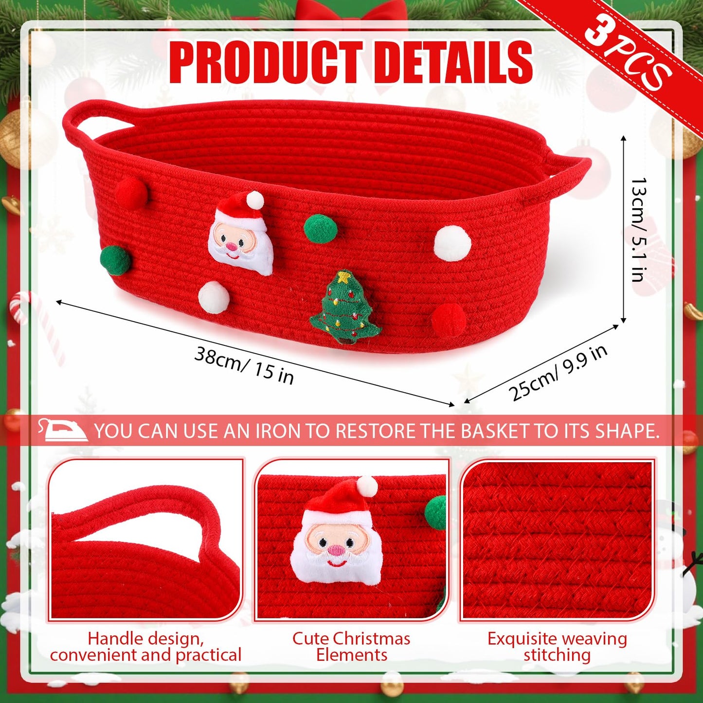 FoldTier 3 Pack Christmas Gift Basket Empty 15 x 9.9 x 5.1 Inch Santa Red Christmas Storage Bin with Handles, Woven Cotton Rope Basket for Gifts Holiday Treats Party Supplies, Home Xmas Decorations