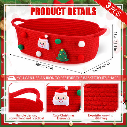 FoldTier 3 Pack Christmas Gift Basket Empty 15 x 9.9 x 5.1 Inch Santa Red Christmas Storage Bin with Handles, Woven Cotton Rope Basket for Gifts Holiday Treats Party Supplies, Home Xmas Decorations