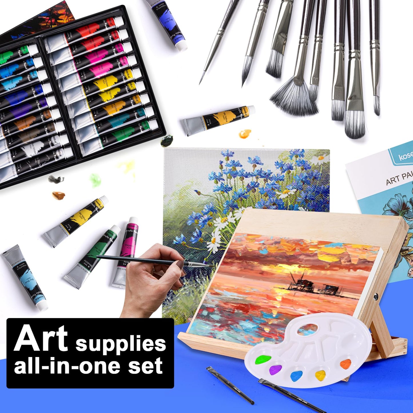 koseibal Acrylic Art Set with 18 Acrylic Paints, 8 Brushes, 4 Stretched Canvas, 1Wooden Easel, Etc, Premium Painting Supplies Kit for Students, Artists Kids, Adults, and Beginner