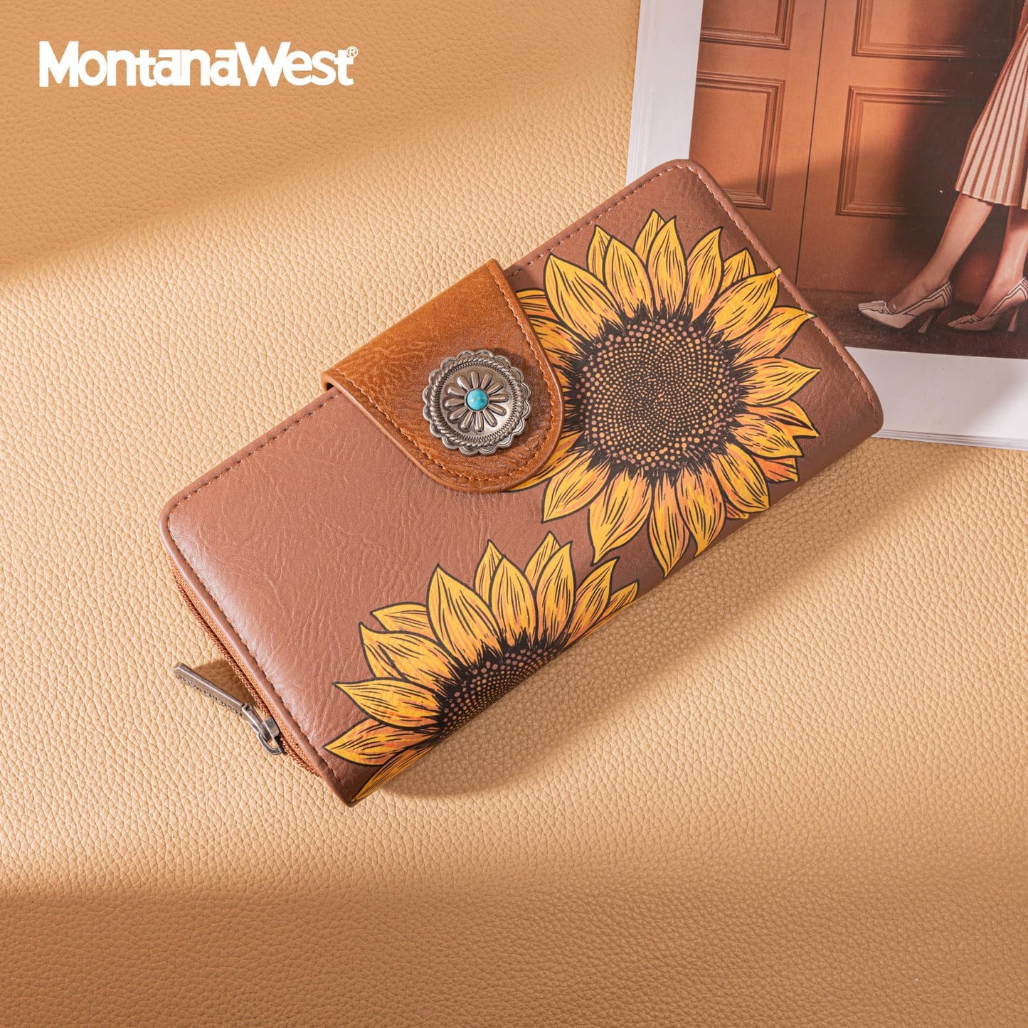 Montana West Brown Sunflower Wallets for Women RFID Blocking Wallet Large Capacity Phone Clutch Wallet Ladies Female Western Bifold Wallets with Coin Purse