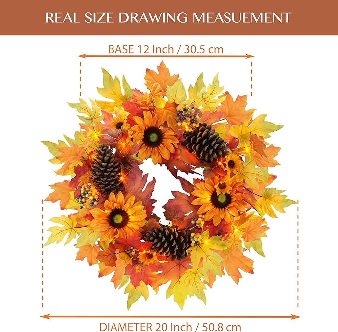20-inch Fall Wreath, Battery Operated Autumn Wreath with 20 Fairy Lights, Sunflower, Pine Cones, Maple Leaves, Orange & Purple Berries