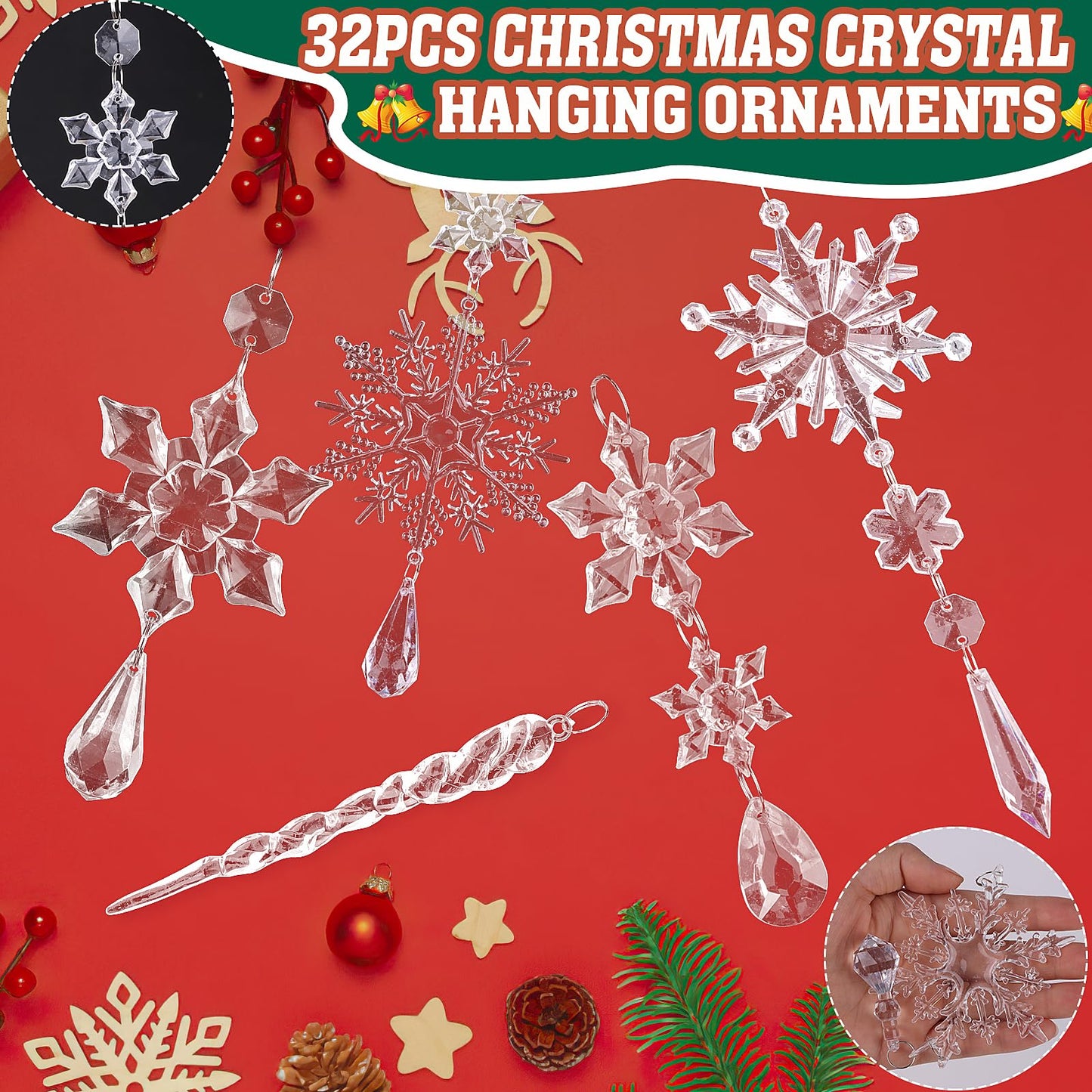 CCINEE 32pcs Crystal Hanging Ornaments, Acrylic Snowflakes Decorations for Valentine Easter Tree for Winter Wonderland Wedding Parties Home Pendants