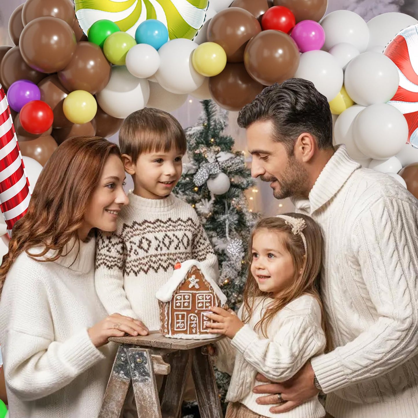 420Pcs Christmas Gingerbread House Balloon Arch Garland Kit, Brown White Balloon with Candy Canes Lollipops for Merry XMAS New Year Winter Party Decorations