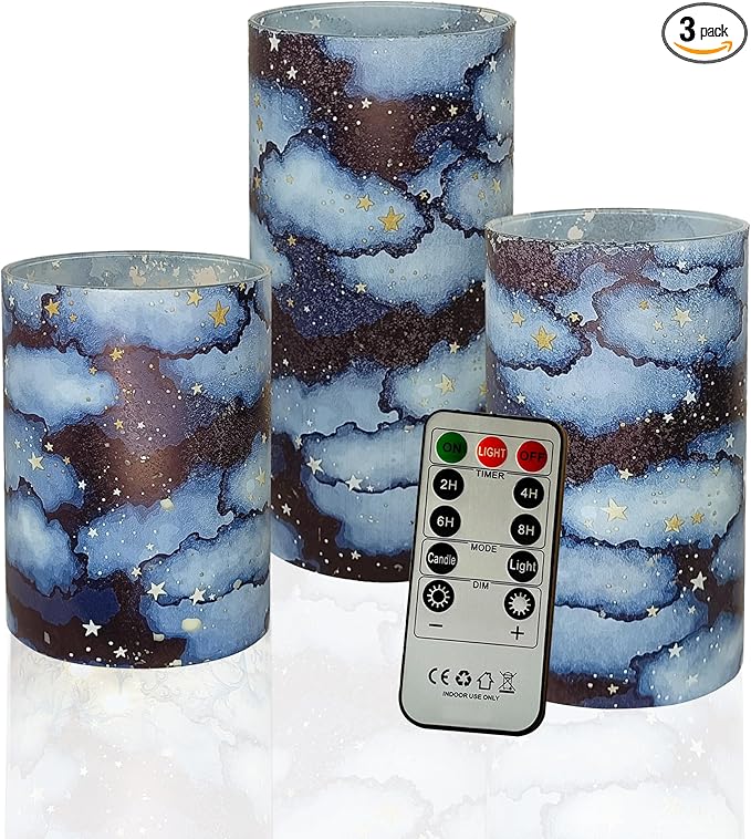 Flickering Flameless Candles Night Sky Stars Print, Embedded Star String Lights, Battery Operated Acrylic LED Pillar Candles with 11-Key Remote and Timer for Home Decoration, 3 Pack
