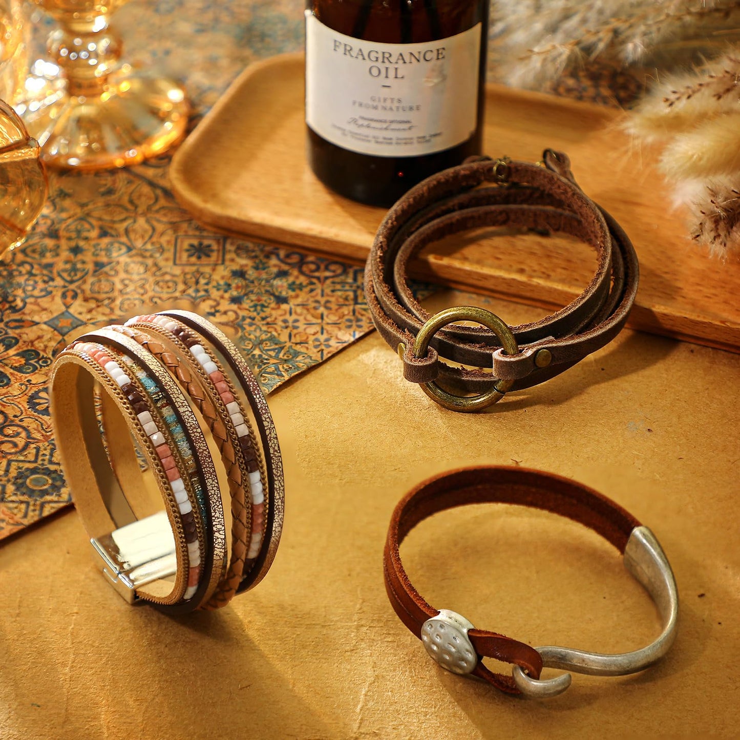 Inbagi 3 Pcs Western Jewelry for Women Bohemian Leather Bracelets for Women Faux Leather Multi Layered Wrap Bracelets Wristbands Cuff Boho Splicing Bangle Mens