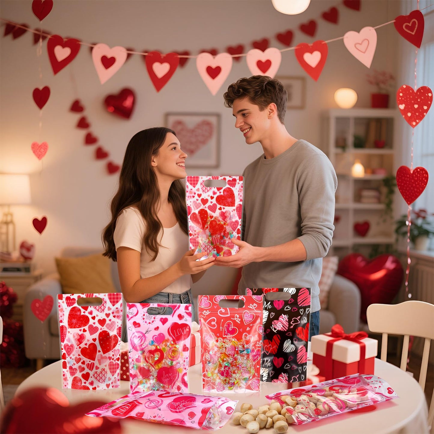 Pasimy 60 Pcs Valentine's Day Sealing Candy Bags with Zipper Love Heart Treat Goodie Bag Valentines Sealing Pouches with Handles Plastic for Valentines Party Favor Classroom Exchange Prizes Supplies