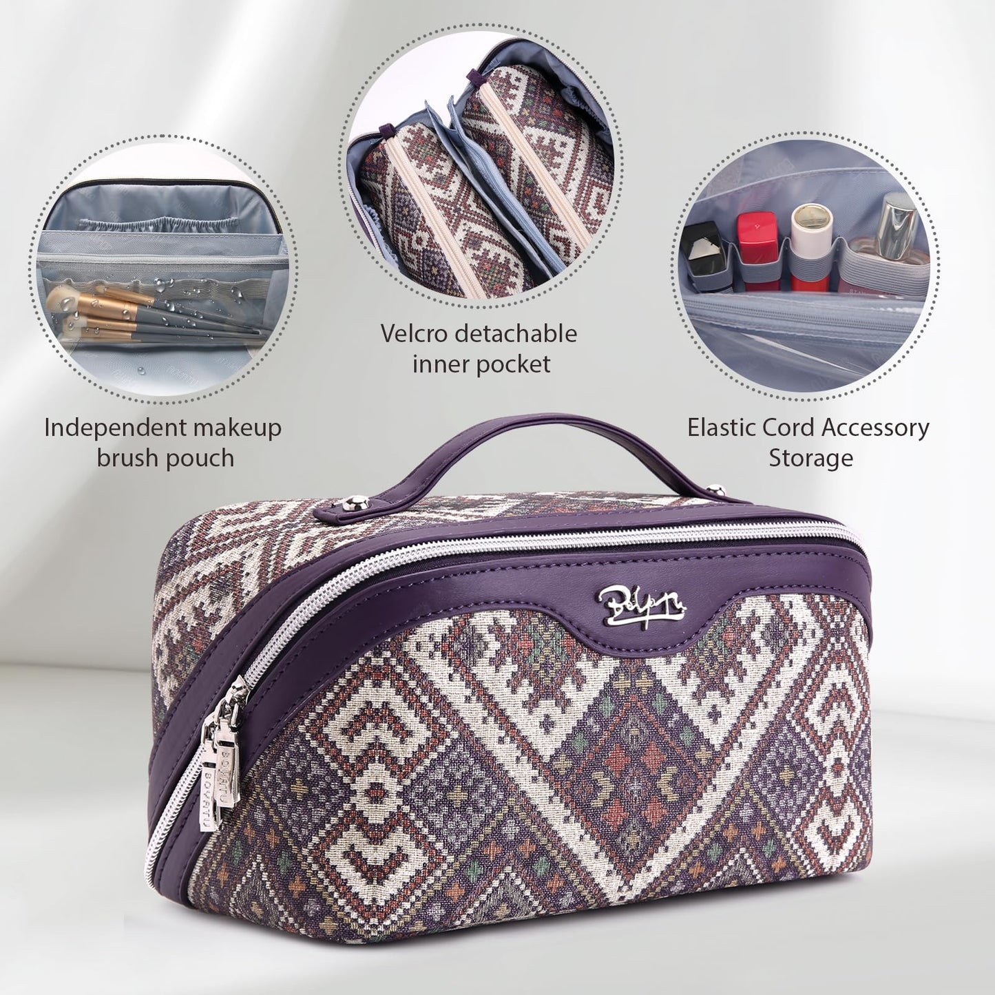 BOYATU Travel Makeup Bags for Women: Western Boho Chic Large Capacity Cosmetic Organizer - Wild, free, Unrestrained - 3Pc Waterproof Toiletry Set with Blush Compartment - No Chaos & Easy Clean Plum