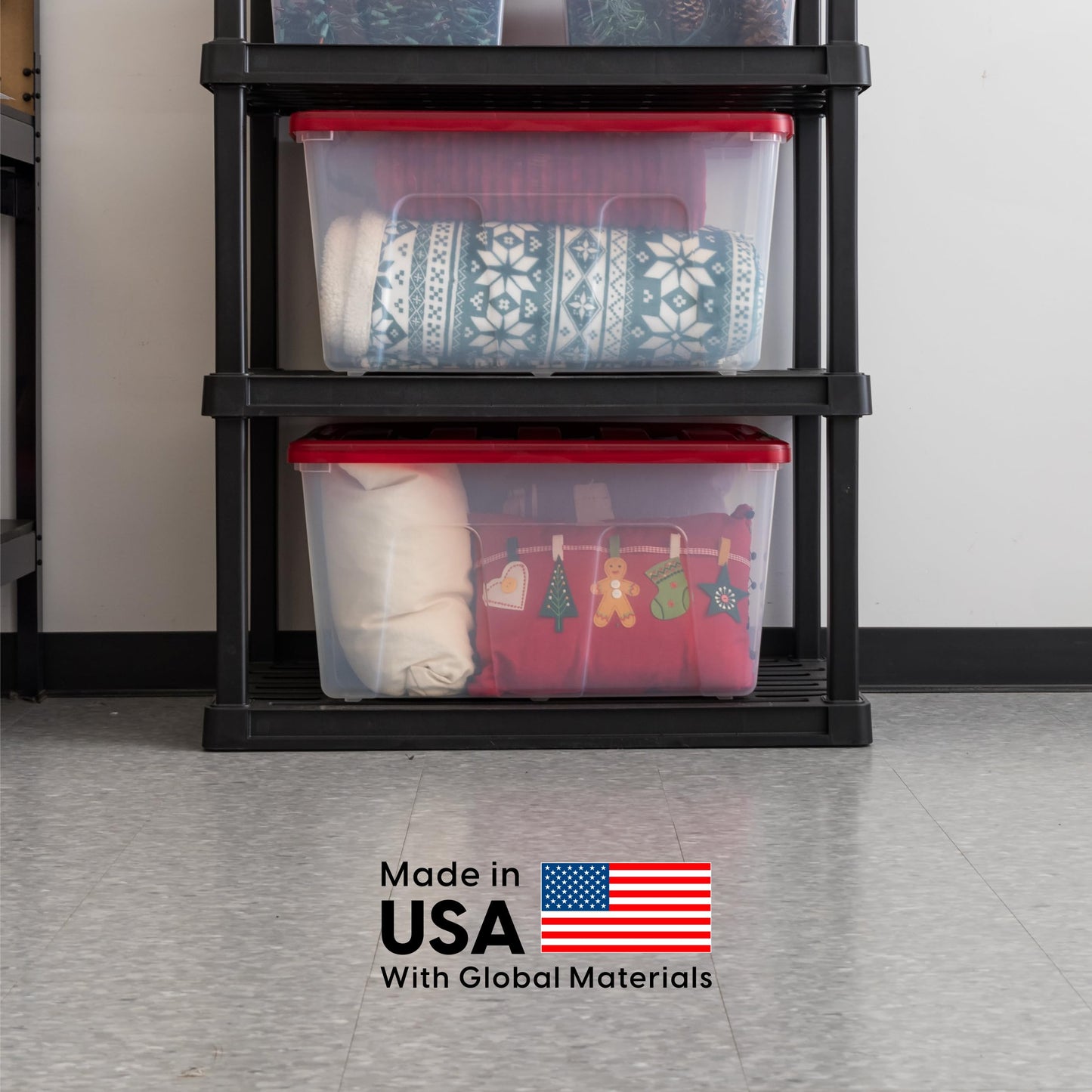 IRIS USA 94 Qt. Stackable Plastic Storage Bins with Lids, 2 Pack - BPA-Free, See-Through Organizing Solution, Latches, Durable Nestable Containers, Secure Pull Handle, Made in USA - Red