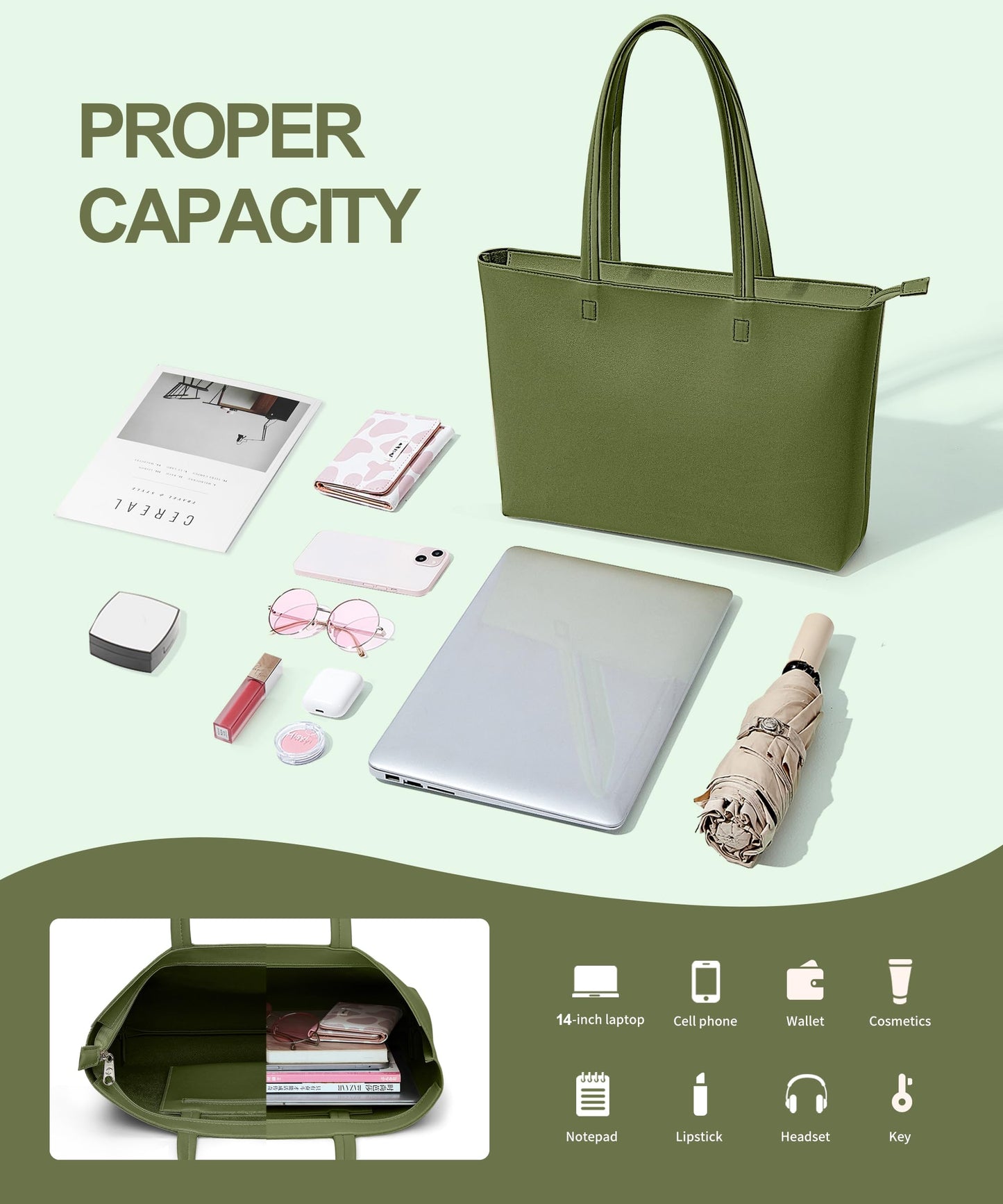 KALIDI Tote Bag Zipper Shoulder Bag Faux Leather Purses for Women Casual Handbag Work Dating College, Green