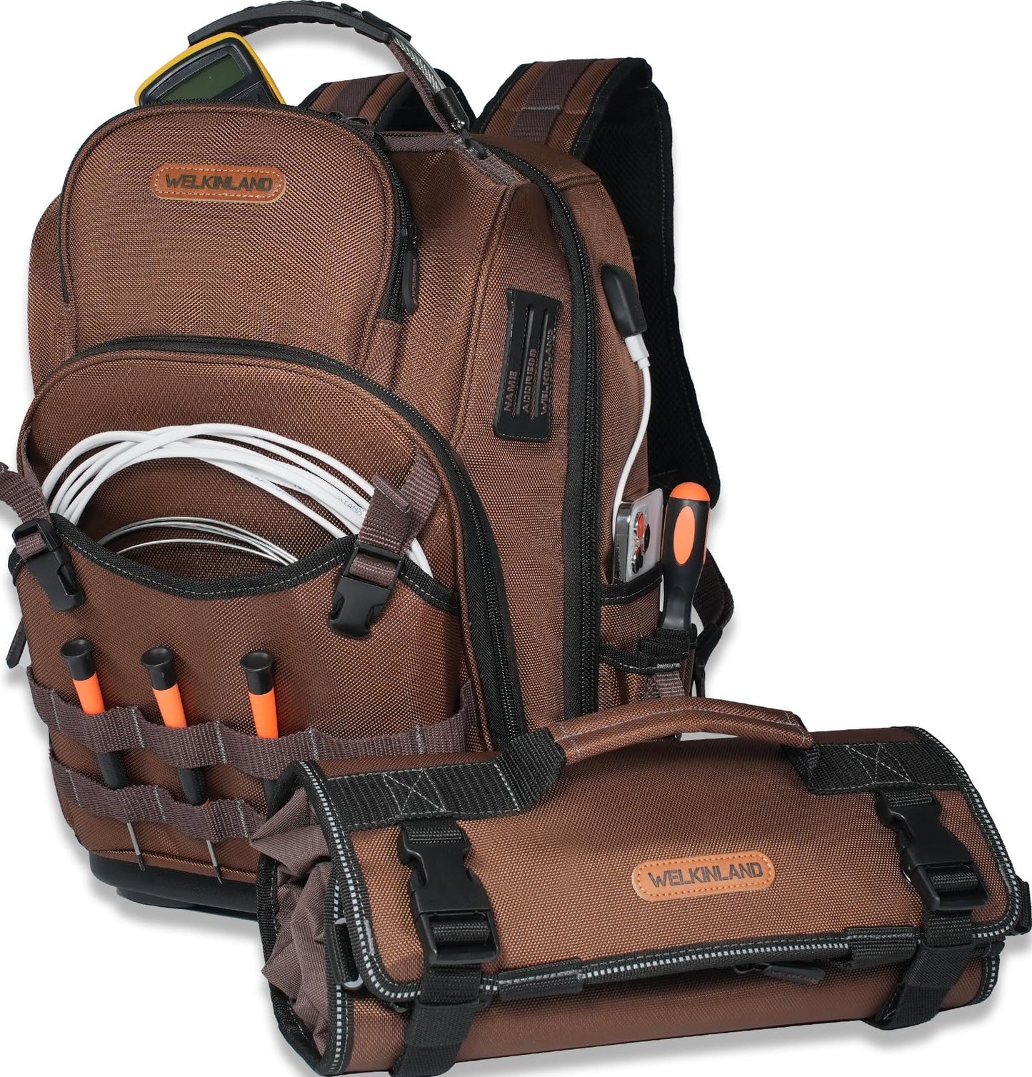 WELKINLAND 70Pockets HVAC Tool Backpack With Tool Roll, 4-Piece Electrical Backpack With Tools Roll Bags, Hard Bottom Electrician Back Pack, Tools Back Pack For Men Heavy Duty