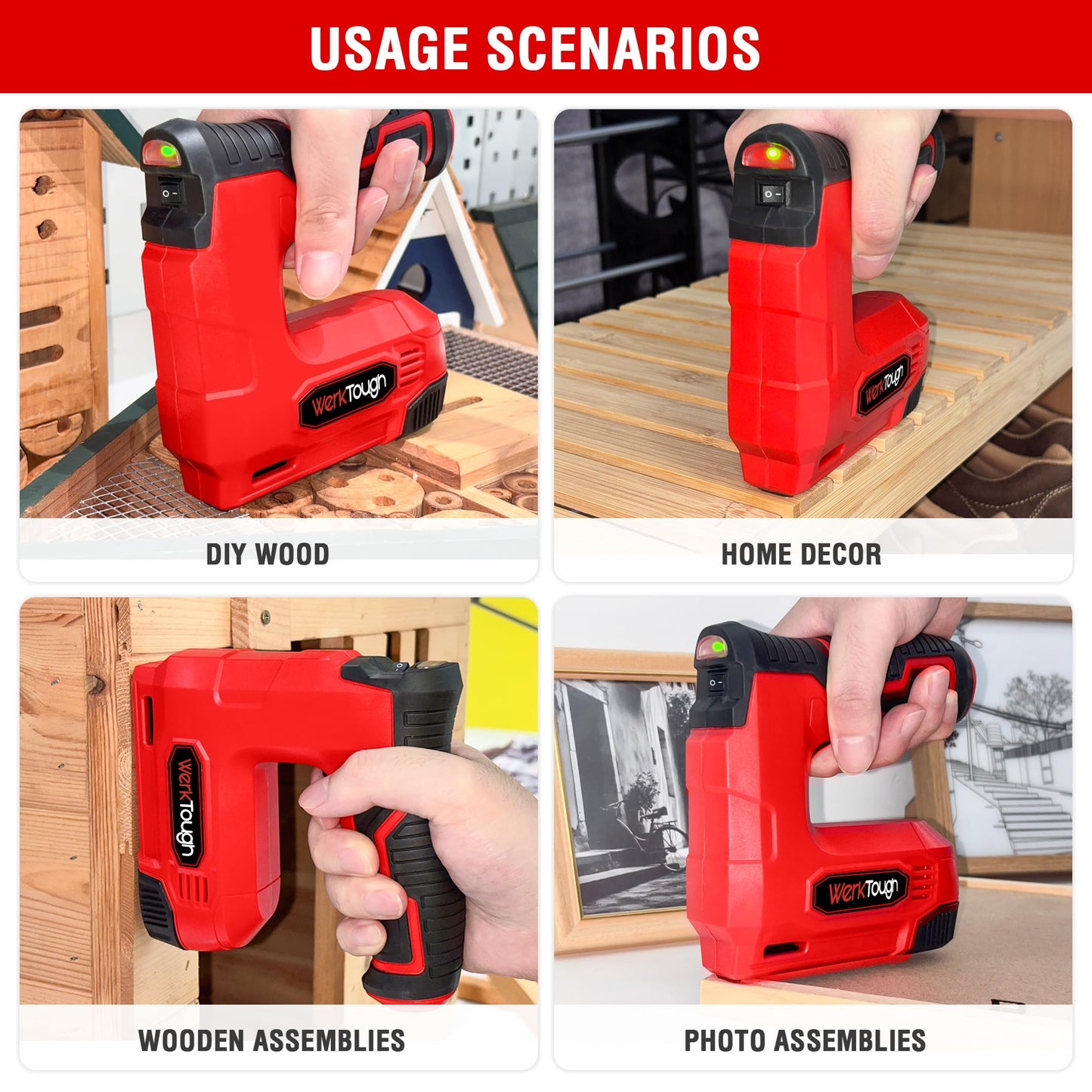Werktough 4V Cordless Staple Gun Red Brad Nailer DIY 2 in 1 Electric Staple Gun USB Cable 2000pcs Staple T50 18GA