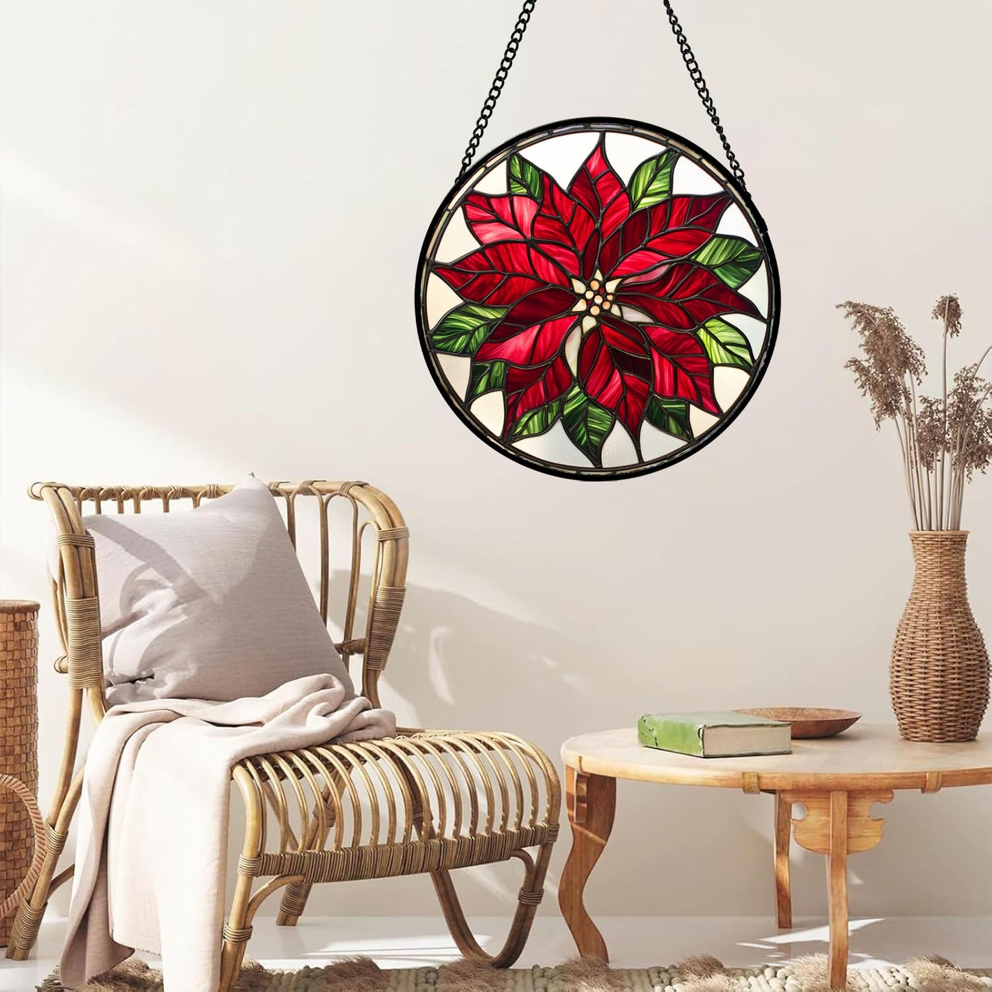 CRISGIF Stained Glass Window Hanging - Red Poinsettia Birth Flower Suncatcher for Door Garden Yard Sun Catchers Decor Christmas Mother's Day Birthday Gifts for Women Mom Nana Friend Men 11.8 in