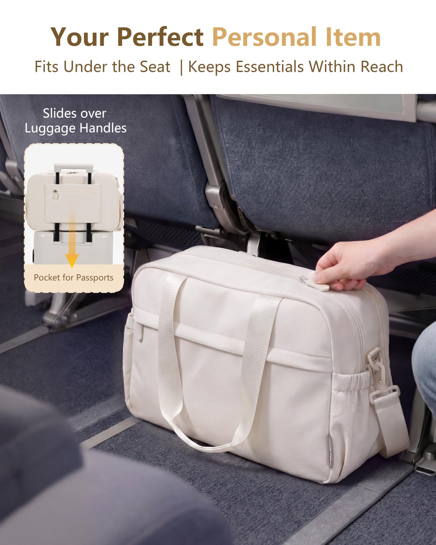 Expandable Duffle Bag for Travel, Carry On Luggage & Gym Bag for Women & Men, Small Personal Item Travel Bag, Overnight Weekender & Tote for Airplane Essentials (Beige)