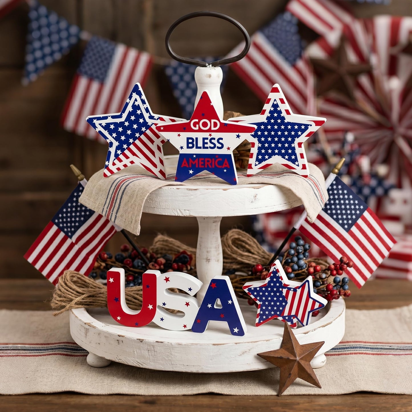 Elfcool 5Pcs 4th of July Table Decorations Wooden Star Set, Patriotic Memorial Day Table Centerpiece, Red White and Blue Independence Day Stand Decor for Home Office