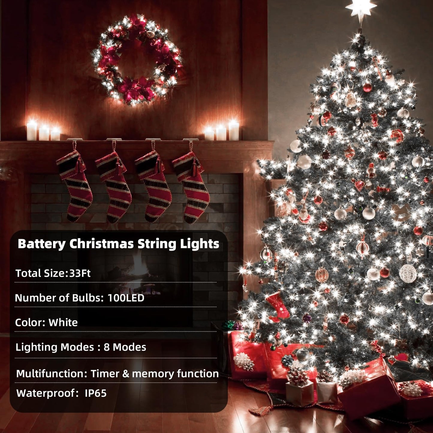 Green Convenience Christmas Lights 33ft 100LED Battery Operated String Lights with USB or Battery Powered Waterproof for Indoor Outdoor Holiday Party Wedding Christmas Decoration